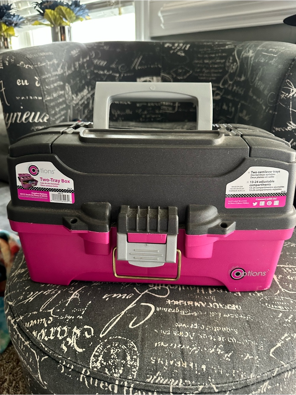 Pink and Black Two-Tray Storage Box with Carry Handle